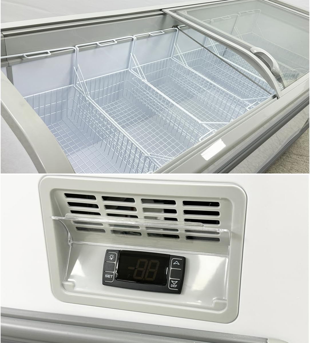 Chest Freezer for Supermarket Glass sliding Door 79" White Showcase Freezer Curve Display Top w/Storage Baskets - 25 Cu.Ft SDSC700