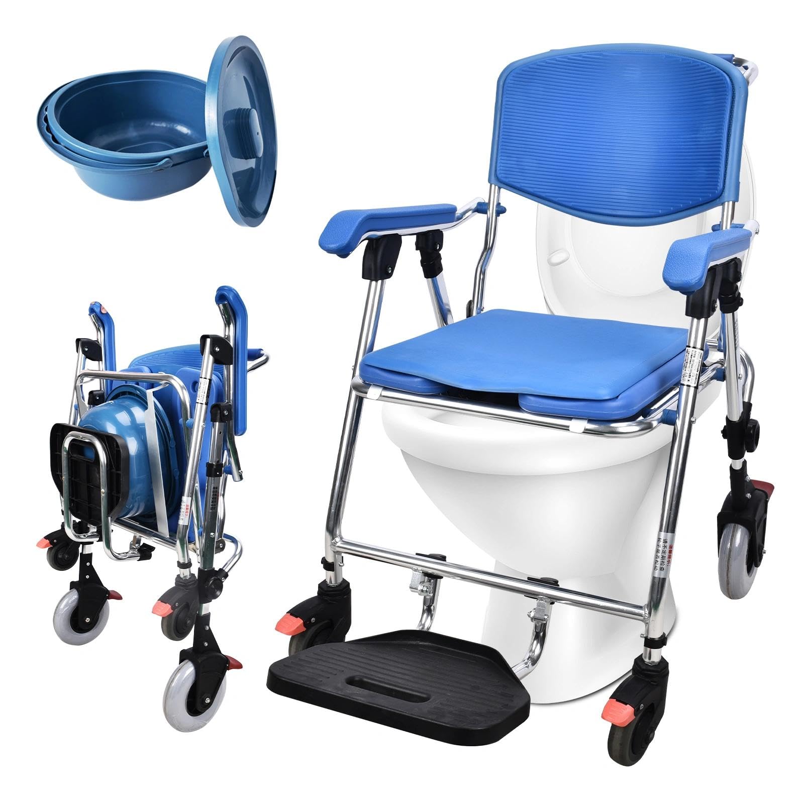 Toilettenstuhl mit Rollen 150kg, Multifunktionaler Duschstuhl für Senioren mit Rollen, Klappbar Toilettenstuhl mit Bequemem Sitzkissen für Senioren, Schwangere, Behinderte