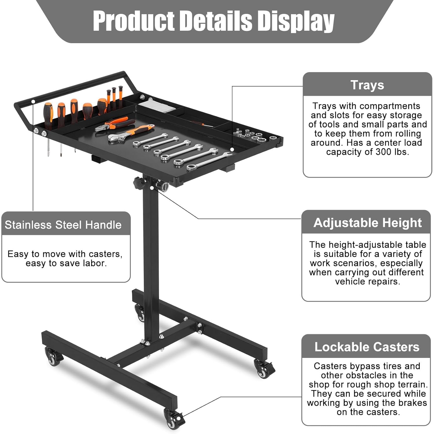 Robust Rolling Tool Tray Cart, 30" x 20" Mobile Workbench with 4 Swivel Casters, Heavy-Duty Steel Garage Work Station, Easy Assembly for Automotive Repair, DIY Projects, Workshop & Jobsite