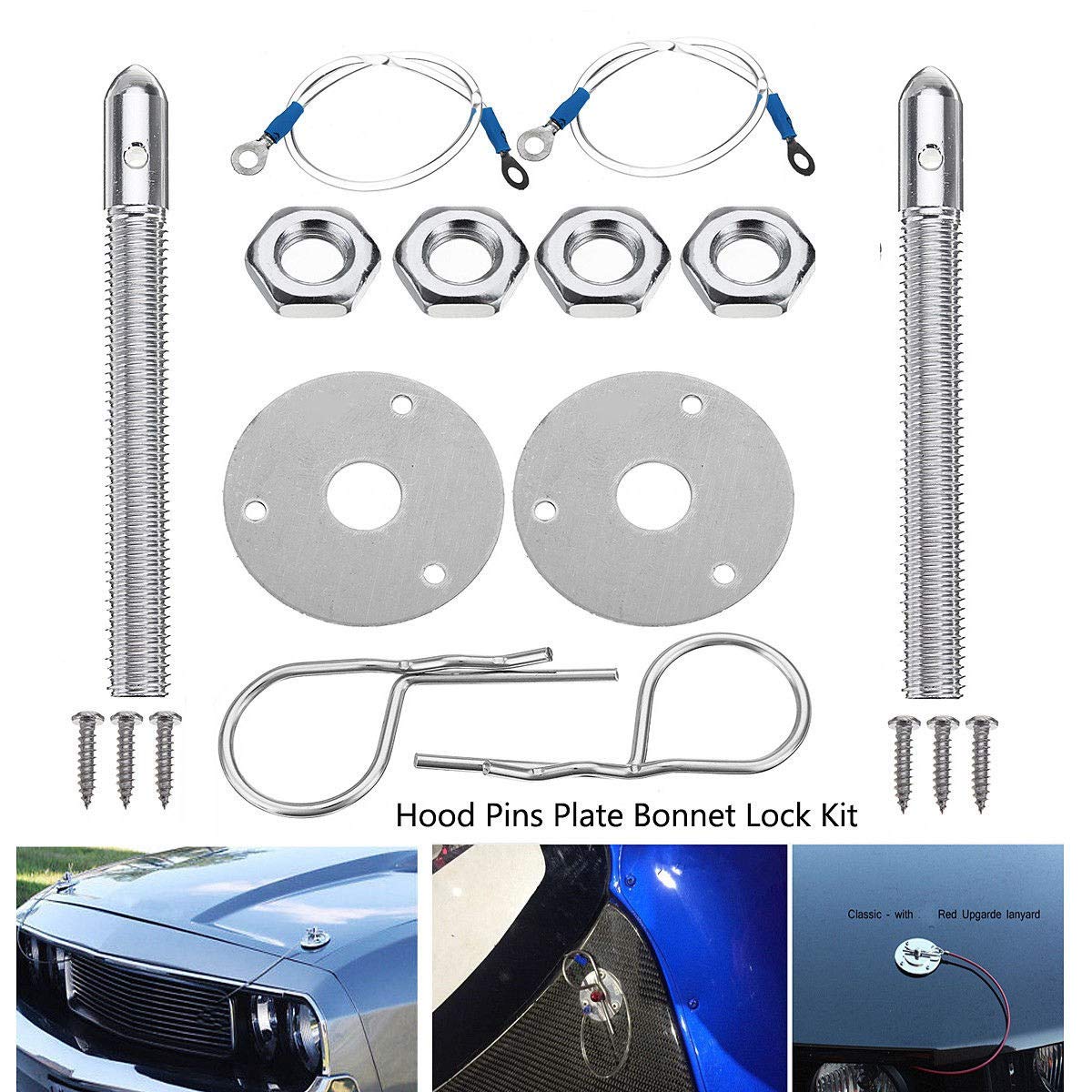 Bloepum Universal Mount Bonnet Hood Pin Lock Latch Kit Racing Sport Car Alloy Silver