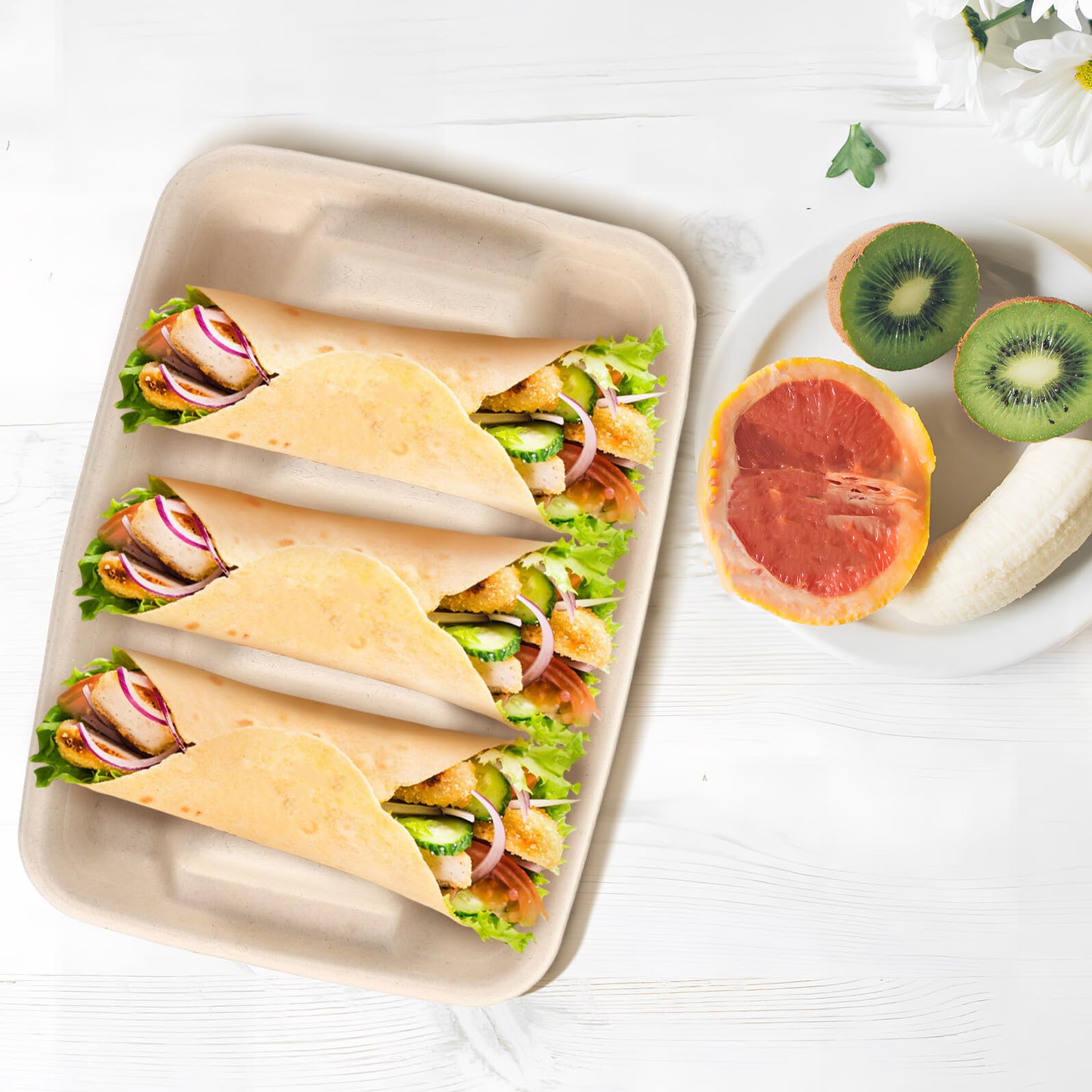 SHINEOFI 50 Pezzi Piatti per Tacos con Divisori Usa e Getta Vassoi Porta Tacos con Superficie Antiscivolo per Feste ed Eventi all'Aperto