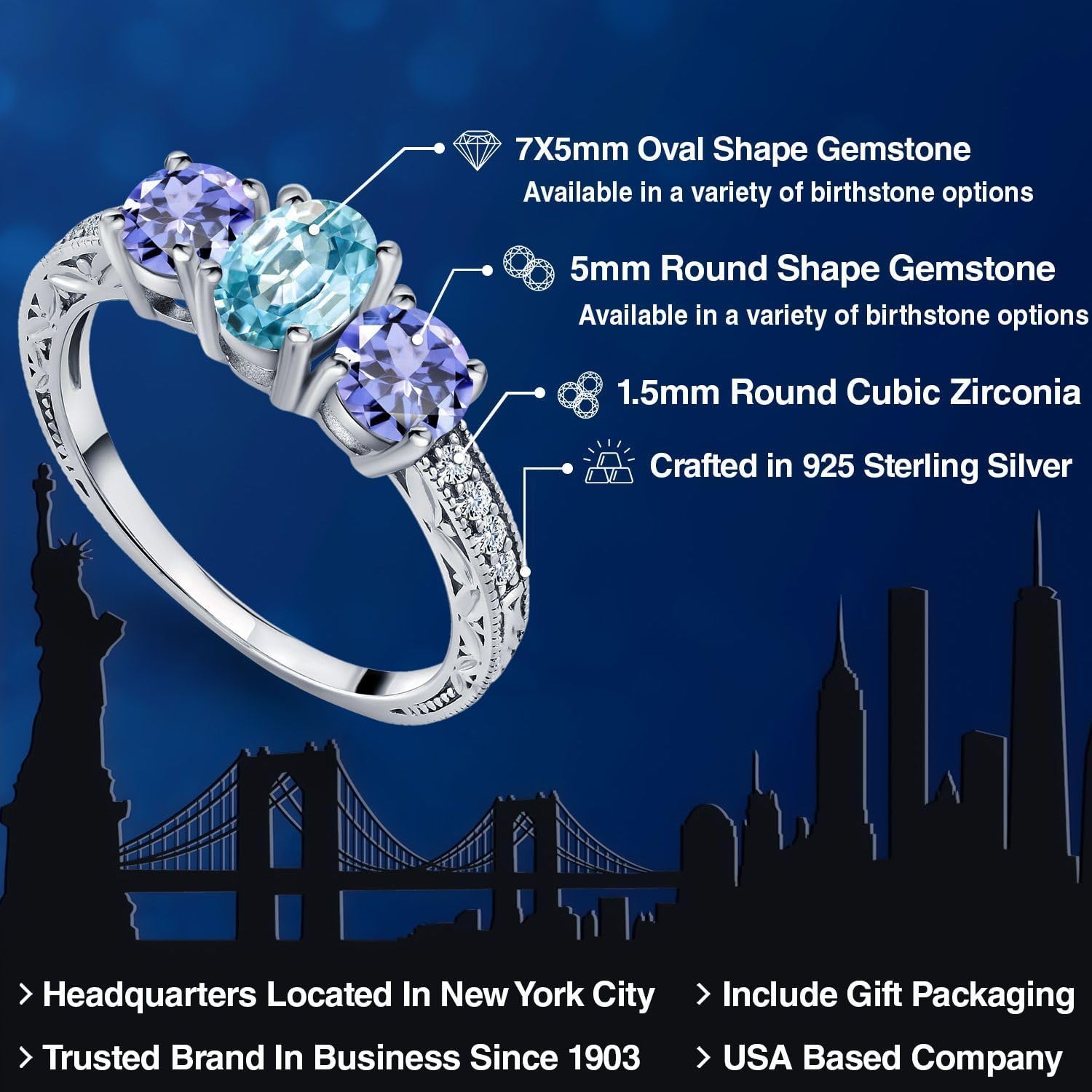 Gem Stone King 2.24 Cttw Blue Zircon and Blue Tanzanite 3-Stone Ring for Women | 925 Silver | Oval Gemstone Birthstone | 3 Stone Wedding Engagement Anniversary Promise Ring For Women