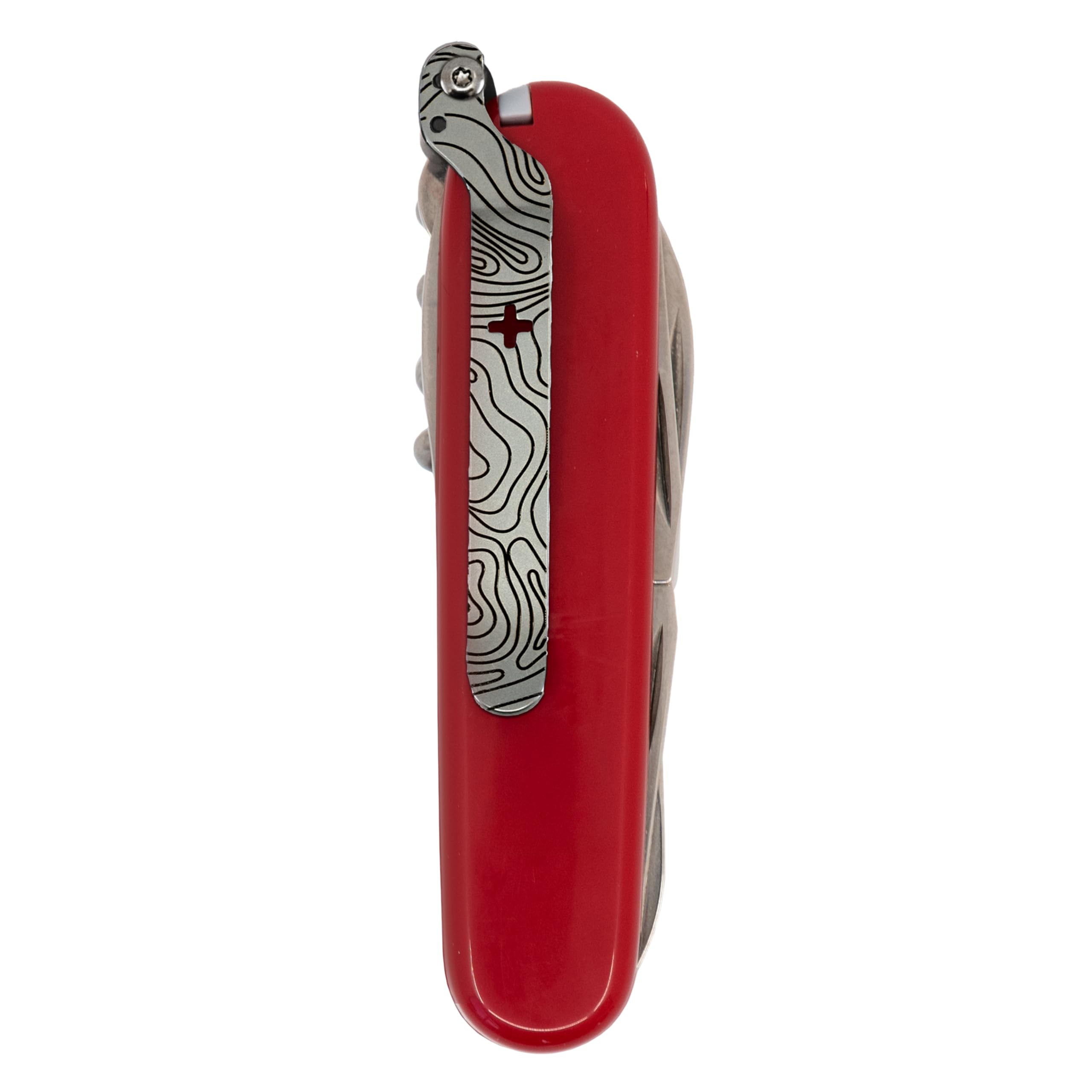 Produktbild von Tiefen-Trage-Clip Für 91mm Schweizer Taschenmesser – Aus Edelstahl, Robuster Gürtelclip, Einfache Montage (Damascus Design)