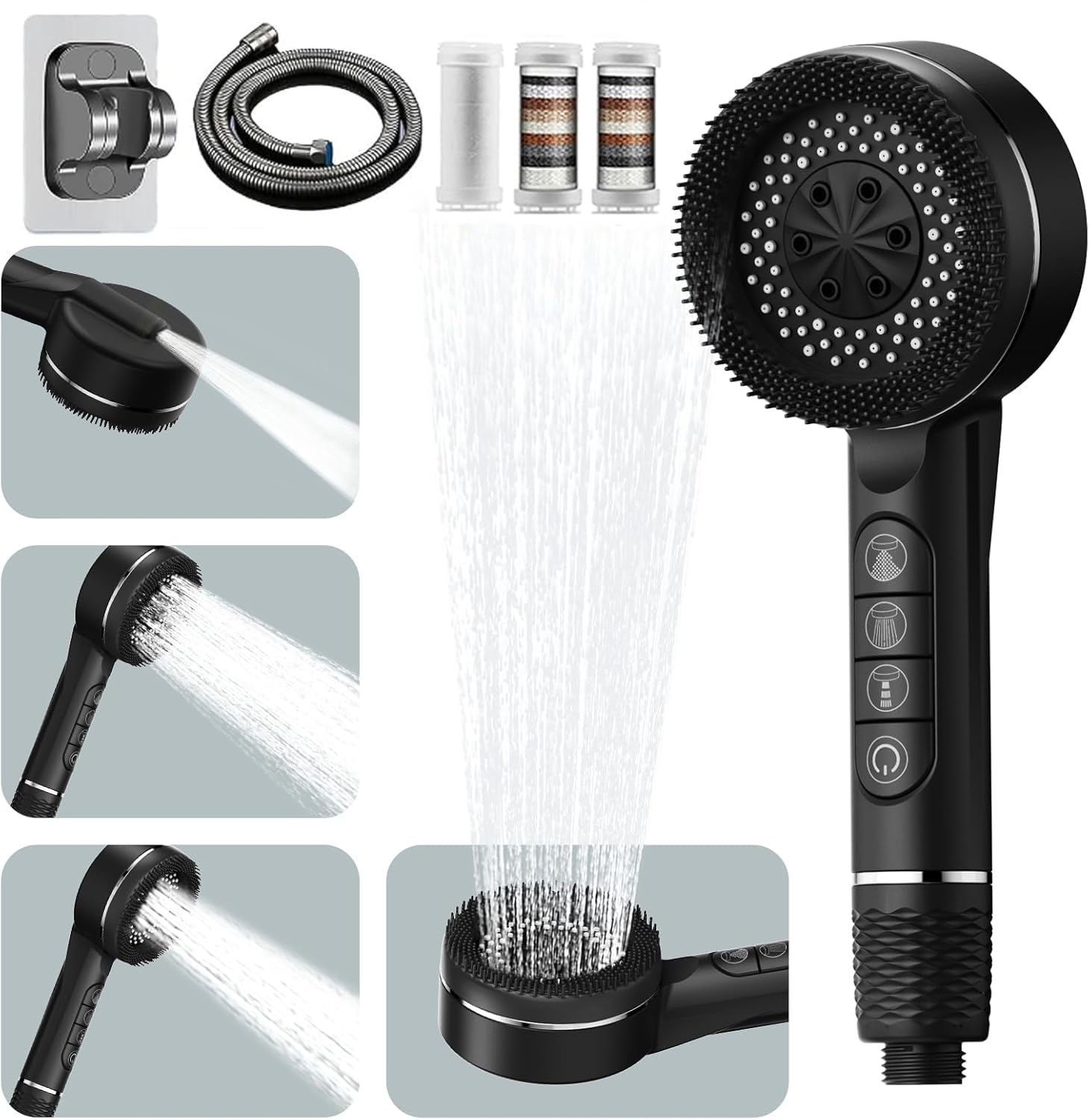 Hard Water Filter Shower Head and Hose with 15 Stage Filter, 4 Spray Jet Modes High Pressure Bathroom Shower Head,Handheld Massage Shower Filter for Residual Chlorine Remove for Adults Children Pets