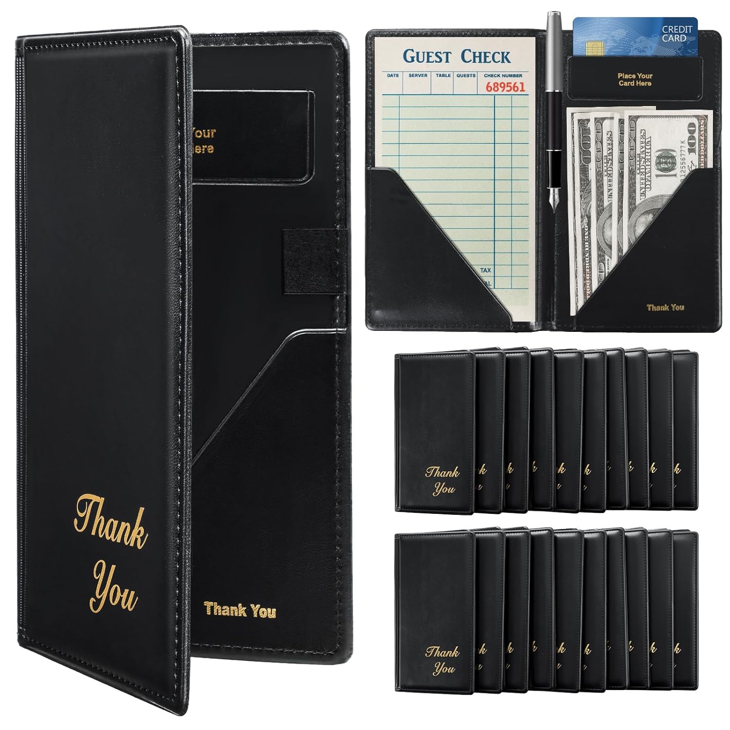 Restaurant Check Presenters, 20 Pack 9" x 5" Guest Check Card Holder with Gold Thank You Imprint for Severs, Bill Book Restaurant Supplies for Restaurants, Bar and Cafe (20, Black)
