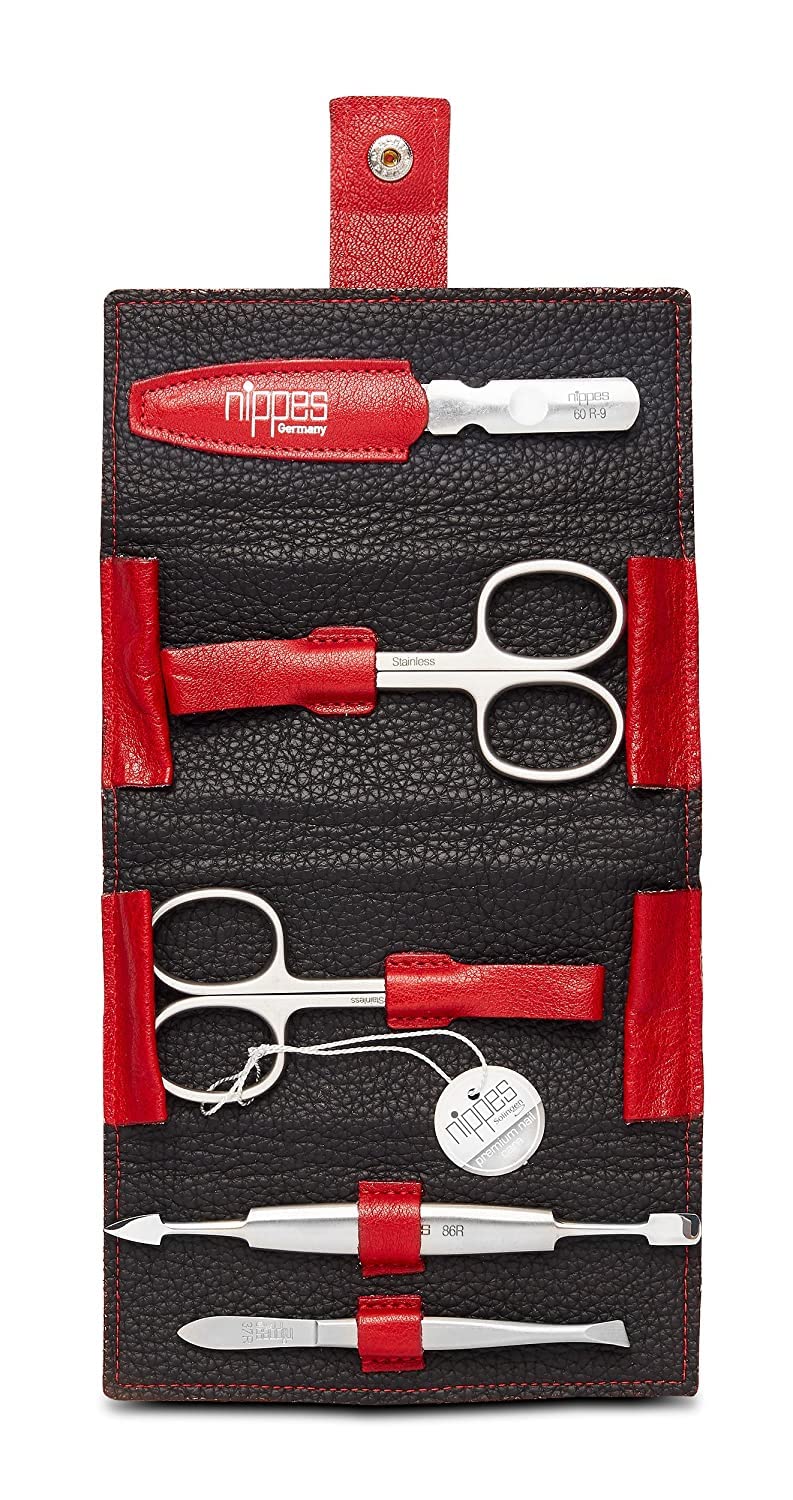 nippes Solingen Premium Line Maniküre Set Wild Red, 5-teilig, Edelstahl rost- und nickelfrei, Nagelpflege Set, Echtes Rindsleder-Etui, Maniküre Pediküre, Made in Germany | Rindsleder-Etui in Rot, handgenäht, Nagelpflege-Werkzeug, Druckknopfverschluss, han