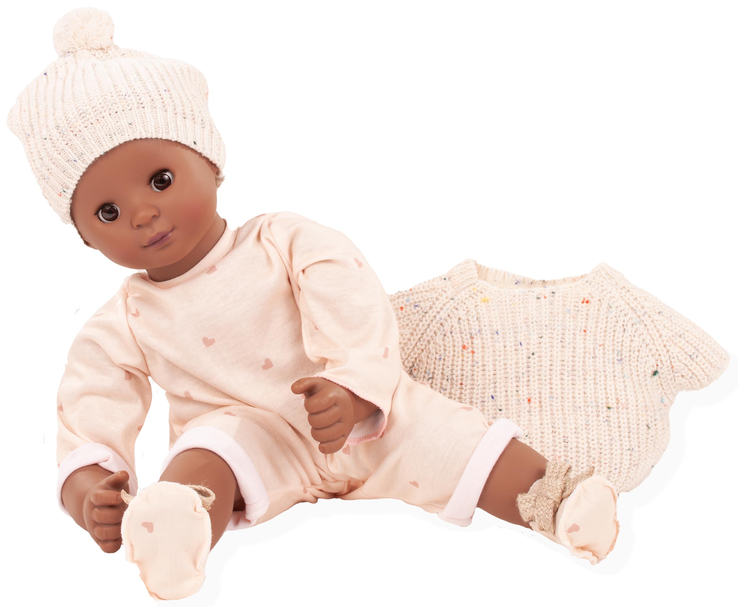 Götz 2567841 Maxy Muffin Schick in Strick Puppe 42 cm braune Schlafaugen | 6-tlg, Babypuppe, ohne Haare, Weichkörper, für Kinder ab 3 Jahren, waschbar, mit Strickpullunder, Mütze und Stoffschuhen
