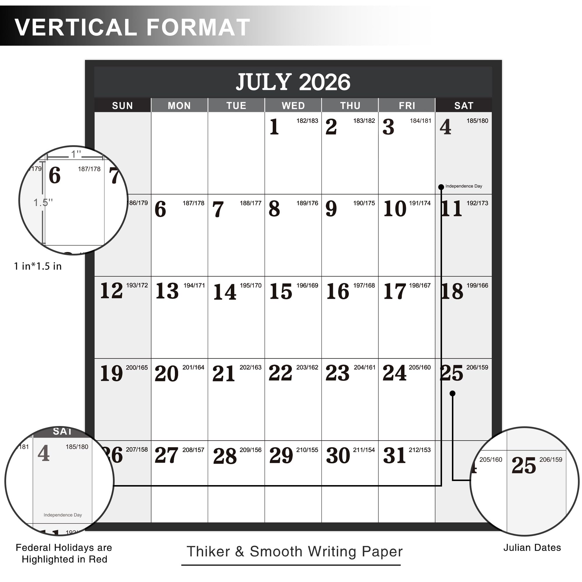 Artfan 2024-2025 Yearly Wall Calendar - 2024-2025 Wall Calendar, Yearly Wall Calendar 2024-2025 with Julian Date, From Jul. 2024 to Jun. 2025, Thick Paper, Vertical, 22.8" x 34.4" (Open) - Gray