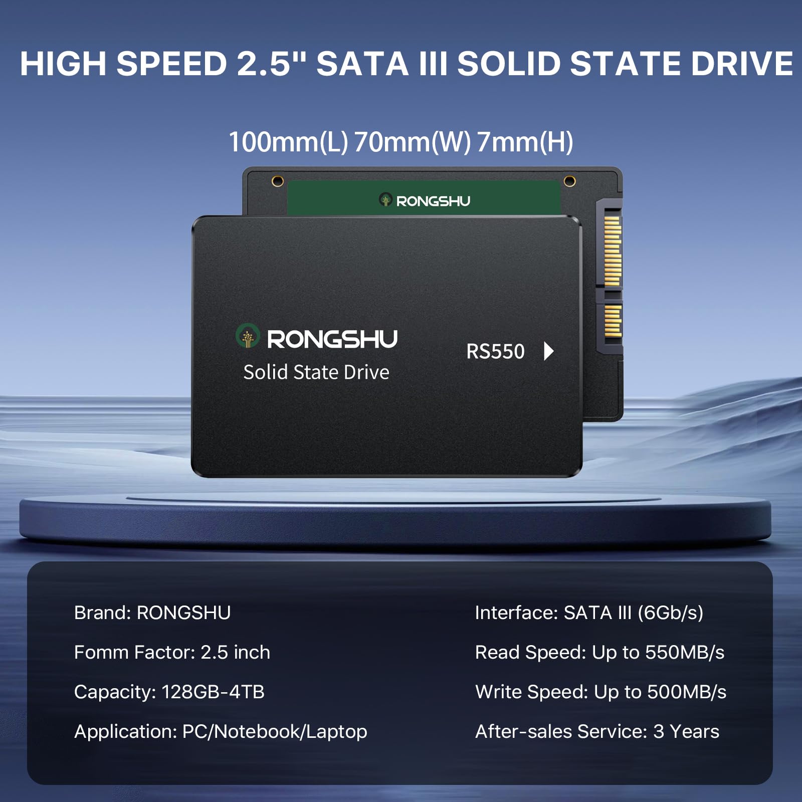Disque SSD Interne SATA 1To 2,5", SATA III 6 GB/s, Vitesse de Lecture jusqu'à 550 Mo/s, SSD 3D NAND TLC, Mise à Niveau des Ordinateurs Portables et des Ordinateurs de Bureau (RS550)