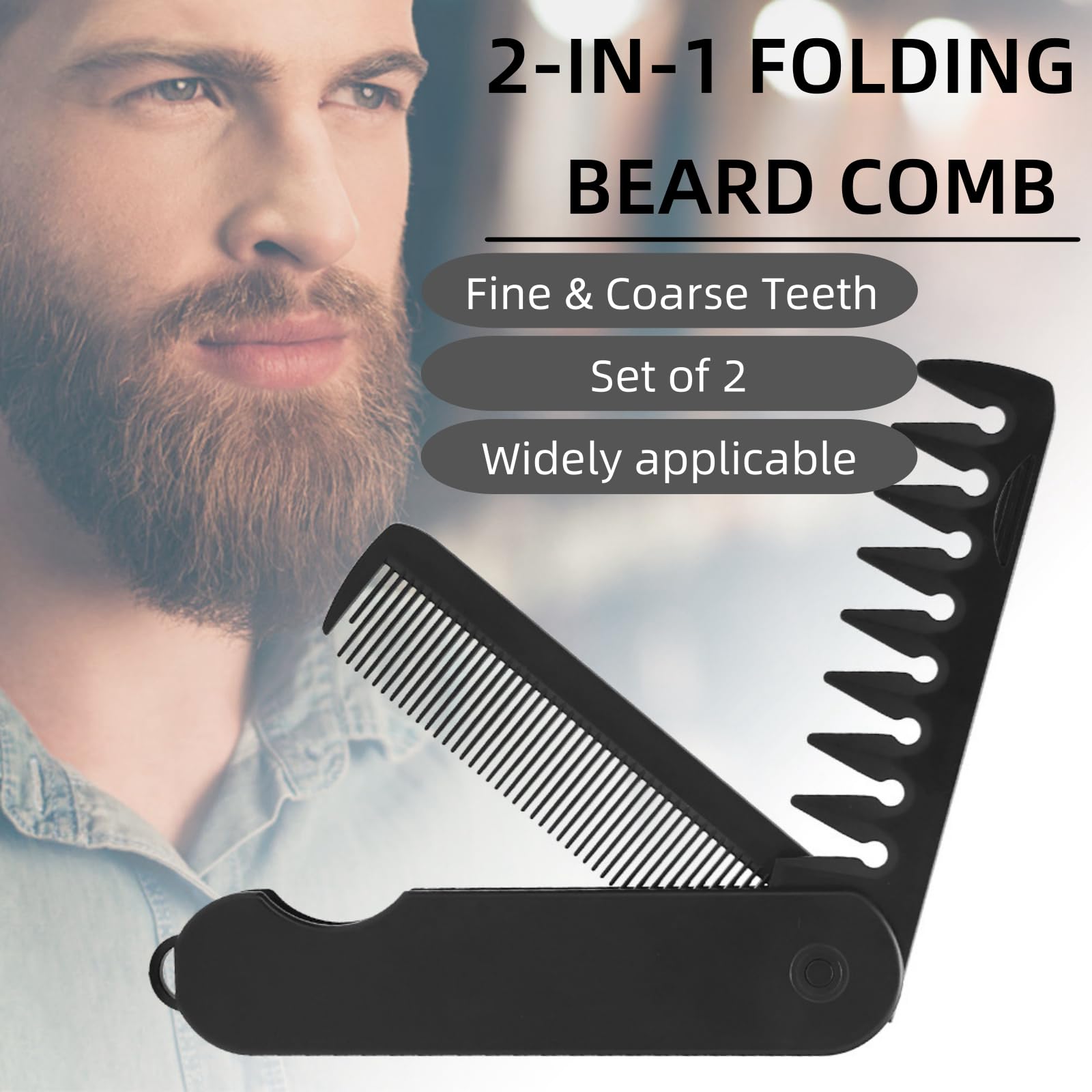 2pcs Folding Beard Comb | 2-in-1 Pocket Comb for Men for Beard Grooming, Fine & Coarse Teeth, 5.3 Inches Long, Hair Styling & Moustache Care | Compact Flip Comb, Portable Mens Accessories