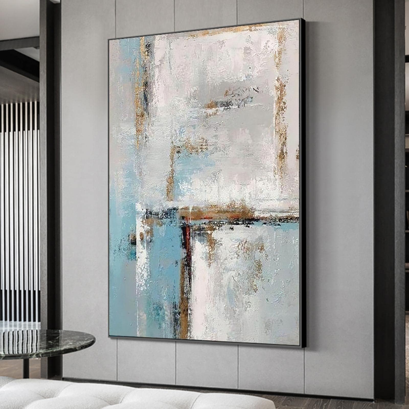 Painting on Canvas Framed Wall Art Modern Abstract Gold Minimalist Original Art Light Steel Blue Wall Art Decoration 100x150cm/39x59inch With-Black-Frame
