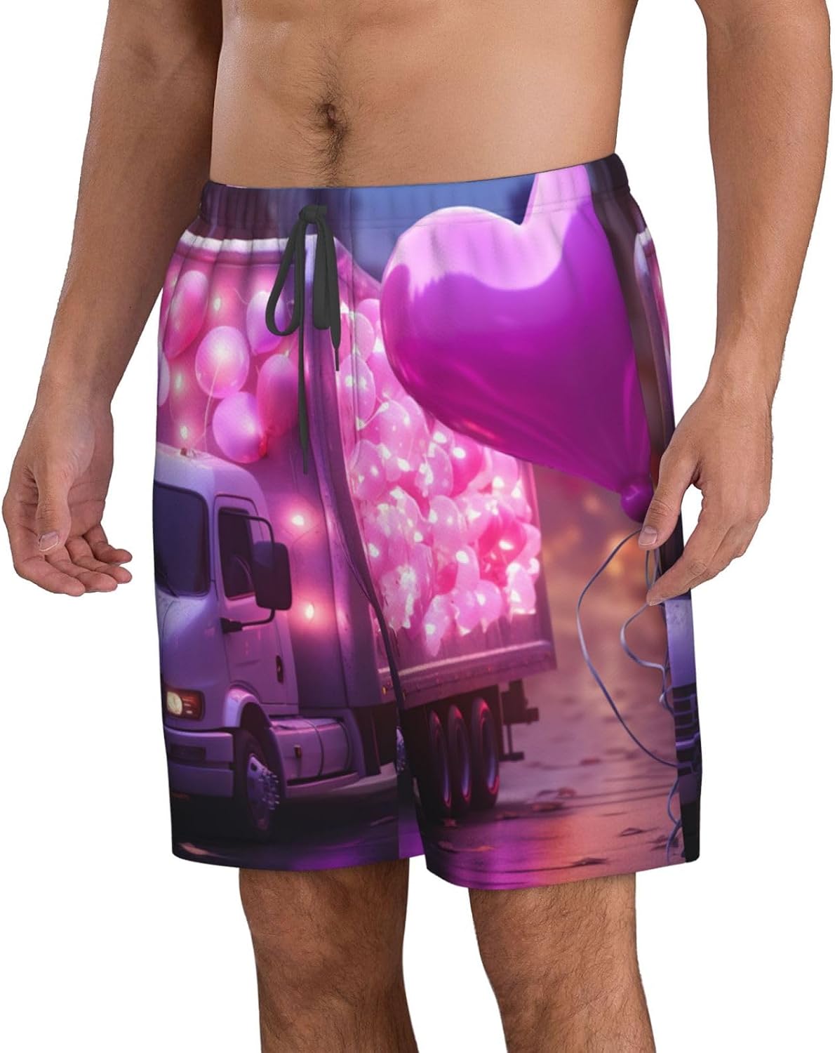 Mens Romantic Truck Heart Balloon Print Beach Shorts,Casual Summer Shorts for Men,Quick Dry Polyester
