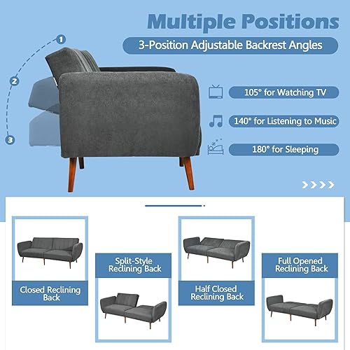 Miniatura 5 de KOMFOTT Sofá cama futón convertible, sofá biplaza de tela de lino moderno con respaldo dividido y ajustable, 6 patas de madera maciza, esponja de