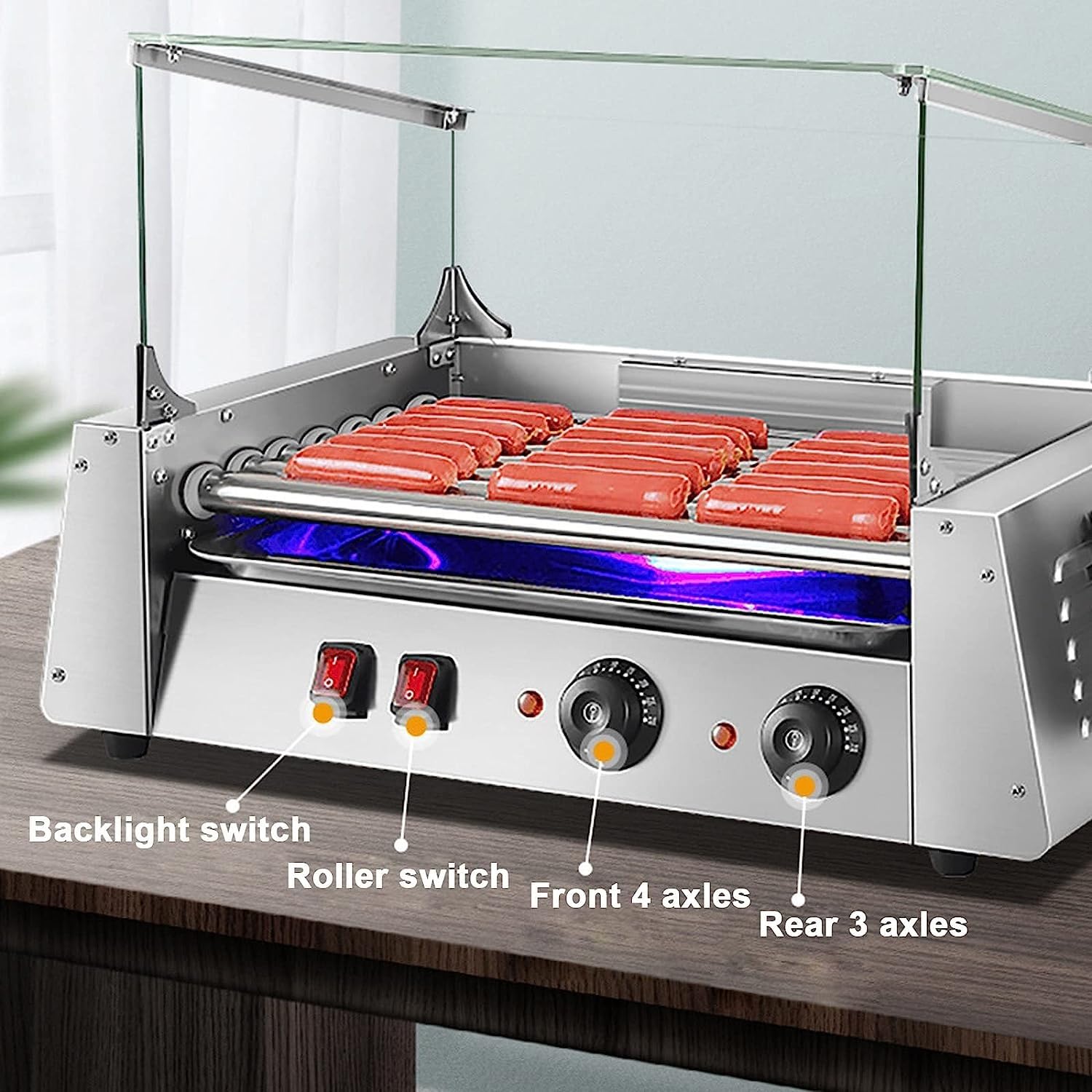 ERoomQ Electric Stainless Steel 7 Rollers Hot Dog Grill, Removable Stainless Steel Drip Tray and Glass Hood Cover, with LED Lights