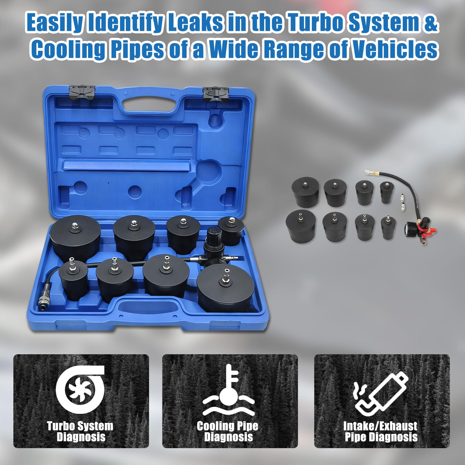 9tlg Turbolader Ladeluft System Adapter Satz Ladeluftkühler Abdrücksatz Tester Prüfwerkzeuge für Ladeluftschläuche, Abgasturbolader und Kompressorsysteme