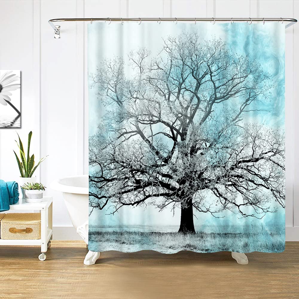 VividHome Turquoise Shower Curtain Tree Silhouette Waterproof Bathroom Fabric Shower Curtains Bathroom Decor with Hooks 72x72inch