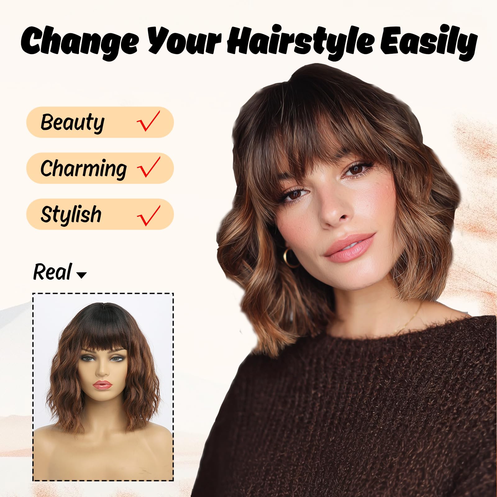 YaissmyLu Chestnut Brown with Light Brown Wigs Short Wavy Bob Wig with Bangs Medium Lenth Synthetic Hair for Daily&Cosplay(12 Inch) - Image 3