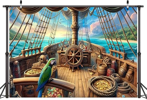 Miniatura 5 de Telón de fondo vintage de barco pirata, 8 x 6 pies, timón de madera, cofres del tesoro, velero, mapa, barriles, loro, océano, mar, aventura,