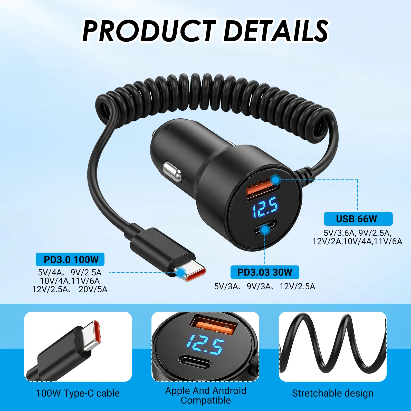 Caricatore per auto ricarica rapida 100 W con cavo USB C a spirale 1,5 m integrato, caricatore accendisigari auto con USB C PD e USB A QC3 0, caricatore auto USB C universale 12 V 24 V