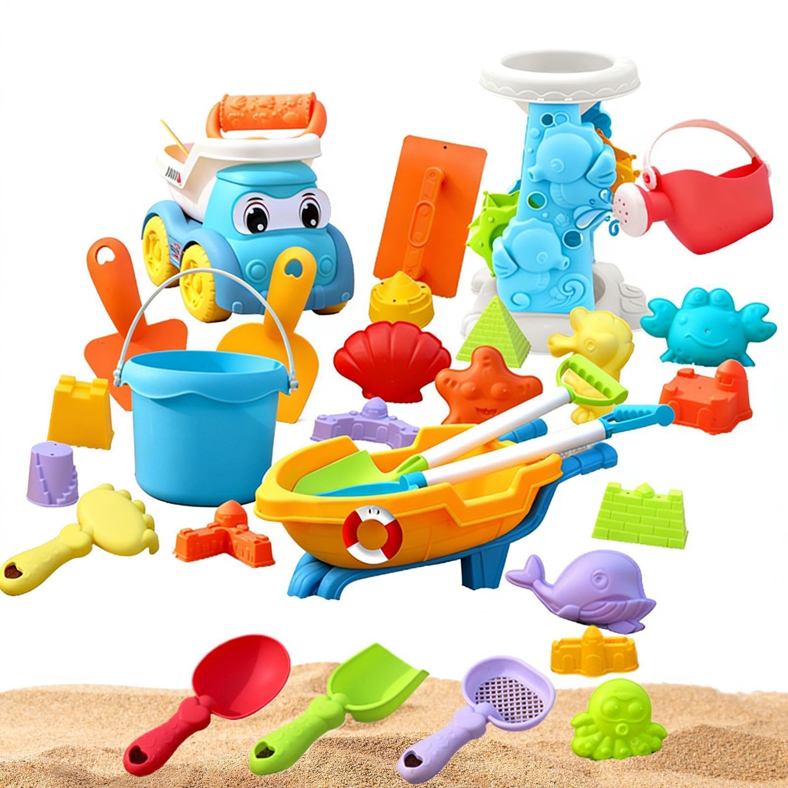 Juguetes de Playa para Niños 30 Piezas, Set de Arenas Completo con Rueda Hidráulica, Camión Volquete, Cubo, Moldes de Castillo y Pala, Juego de Arenero Exterior, Regalo Ideal Verano para Niños y Niñas