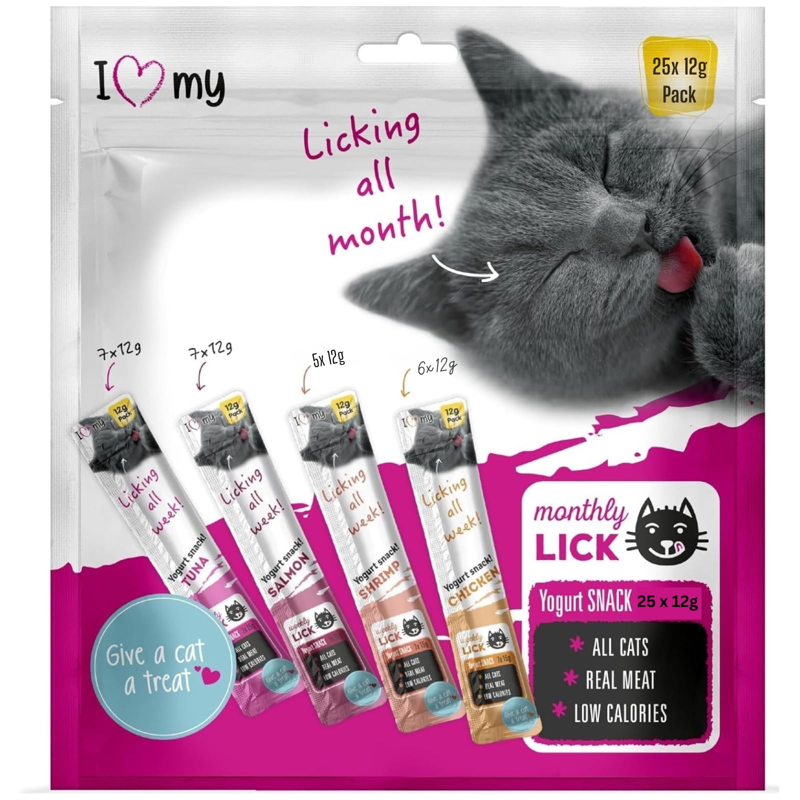 Cat Yoghurt Lickable Treats (25 Pack) Mixed Variety - Chicken, Salmon, Tuna & Shrimp – Creamy Cat Treats Made with Real Meat – 12g Each 4 Flavours