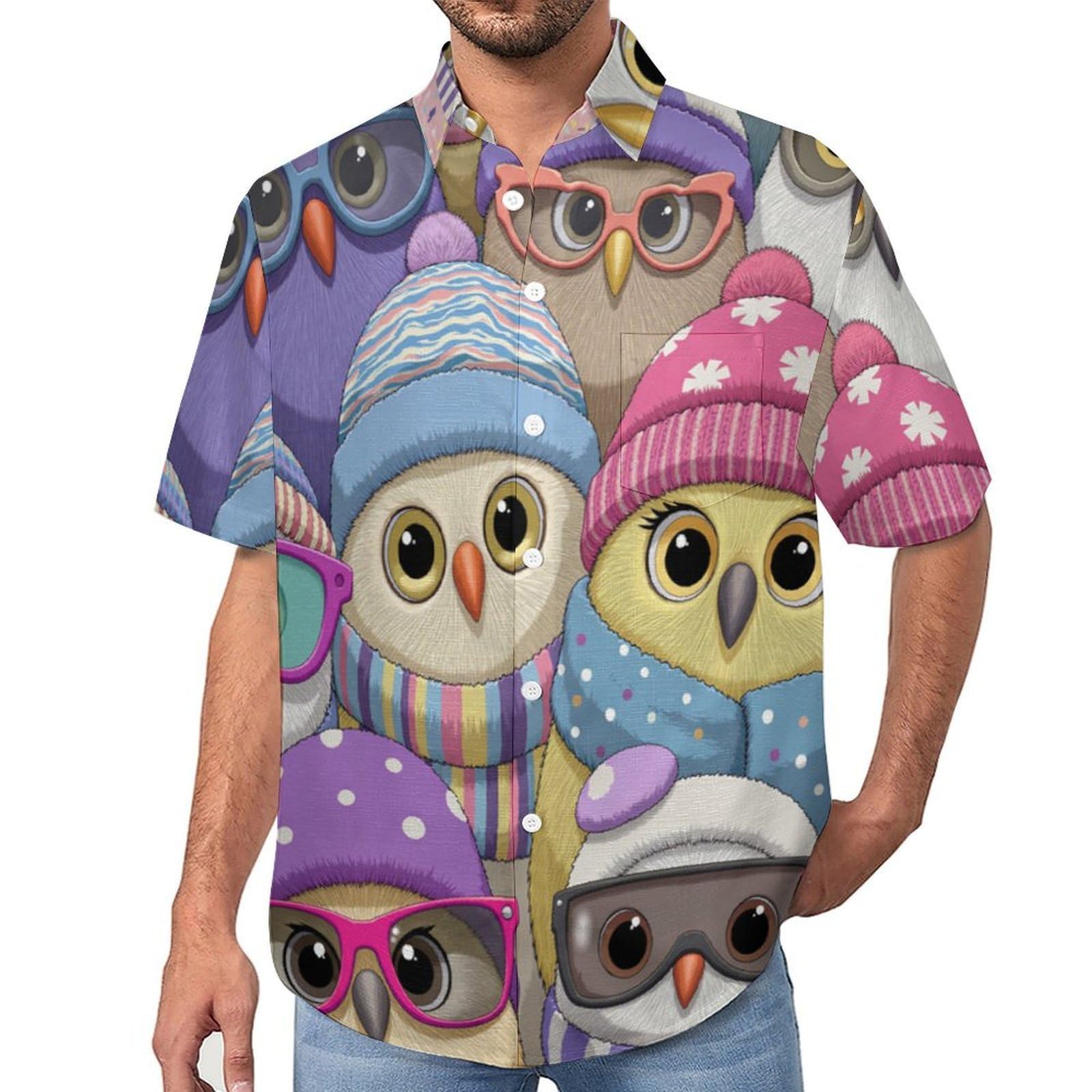 Camicia da Uomo Button Down con Stampa Gufo con Cappello, Cartone Animato Carino Camicia Hawaiana Casual a Maniche Corte Camicie da Spiaggia Camicie da Vacanza
