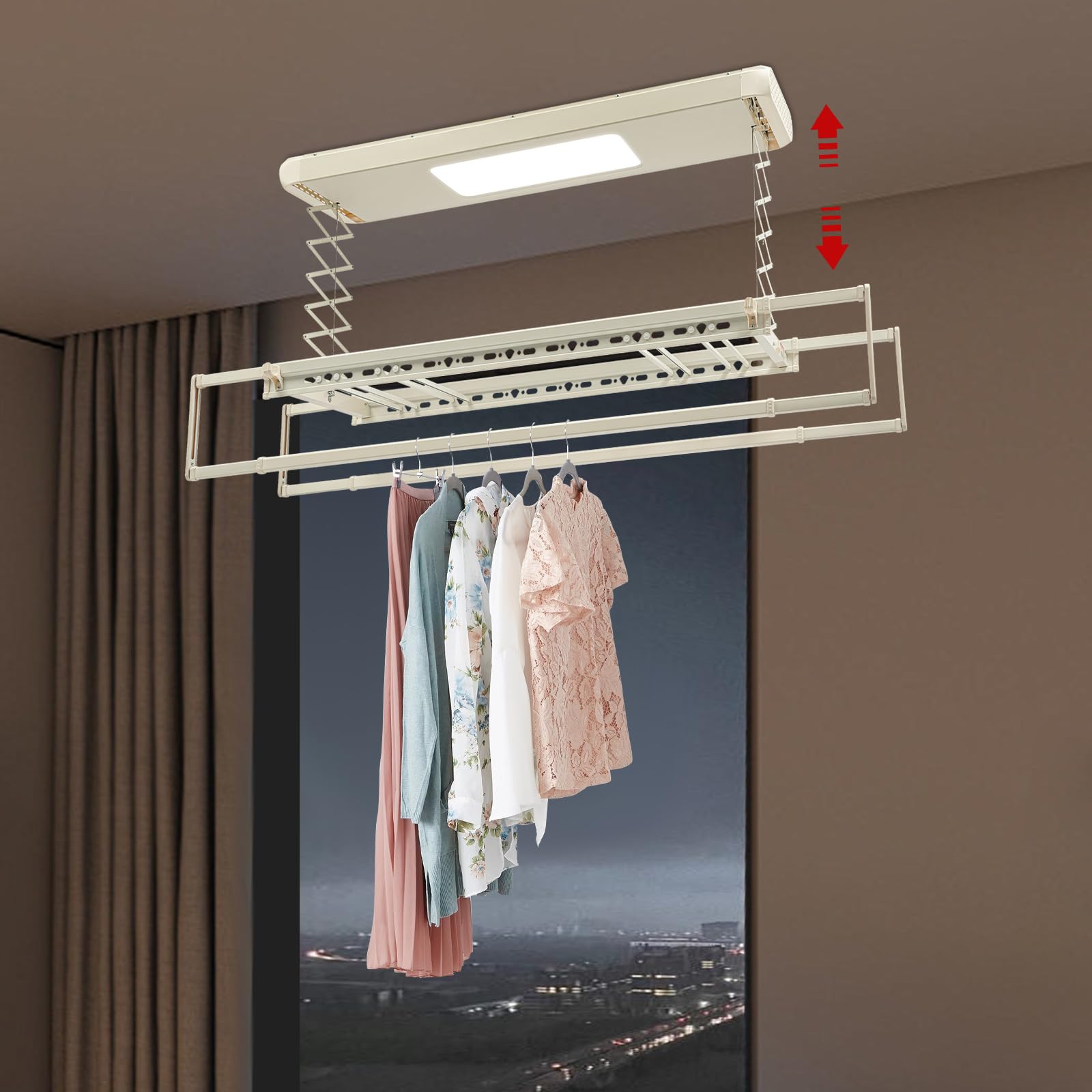 Stendibiancheria da Soffitto di Carico di 35 kg, Lunghezza 130-215 cm, Stendibiancheria da soffitto riscaldantecon telecomando e illuminazione, Stendino con Design Salvaspazio (altezza 110 cm)