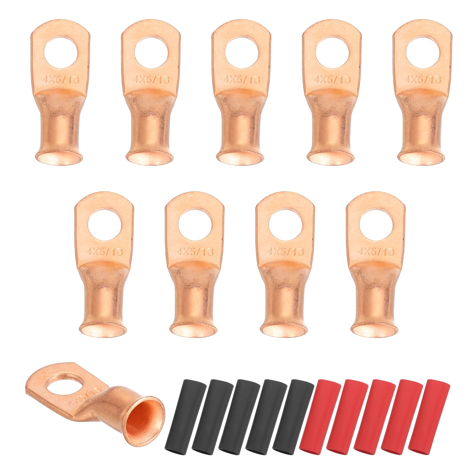 sourcing map 10pcs 4 AWG M8 Battery Lugs Ring Terminals, 5/16" 8mm Stud Crimp Wire Terminal Connector End Copper, 2:1 Heat Shrink Tubing, Gold