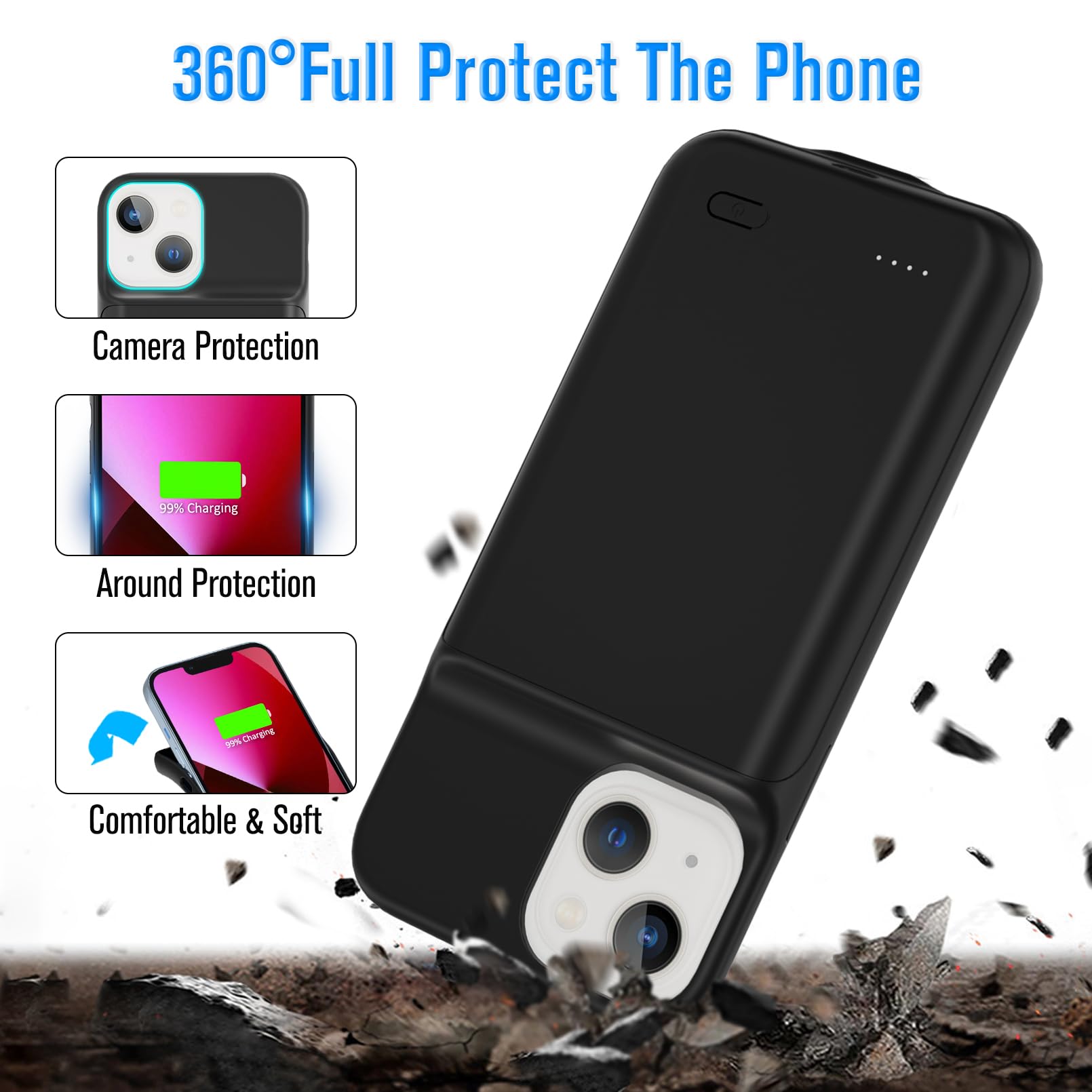 Gladgogo Charging Case for iPhone 13, Real 6000mAh Powerful Smart Battery Case Charger Ultra Slim Portable External Battery Pack Compatible with 13, 6.1 inch, Black