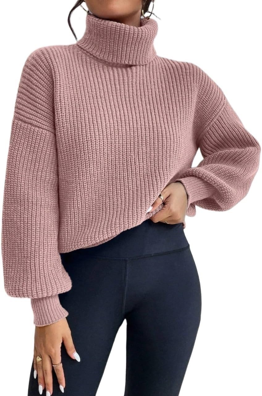 Womens Trendy Sweater Drop Shoulder Long Sleeve High Neck Pullover Sweater Spring Autumn Outfits