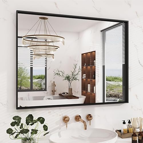40x30 Matte Black Framed Bathroom Mirror, Large Rectangle Wall Mirror, Rectangular Vanity Mirror Farmhouse, Anti-Rust, Tempered Glass, Shatter-Proof, Easy to Install Vertically/Horizontally