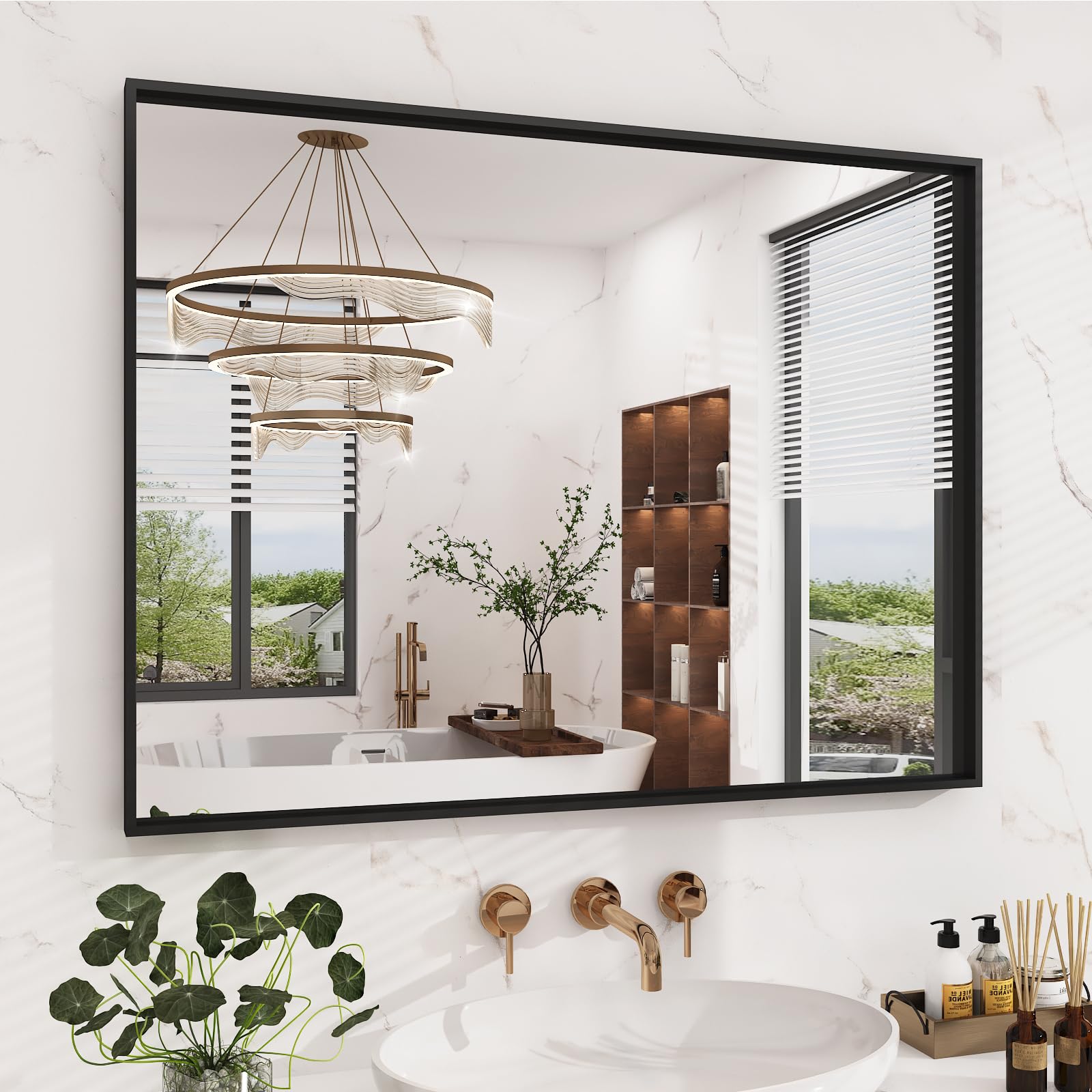 40x30 Matte Black Framed Bathroom Mirror, Large Rectangle Wall Mirror, Rectangular Vanity Mirror Farmhouse, Anti-Rust, Tempered Glass, Shatter-Proof, Easy to Install Vertically/Horizontally