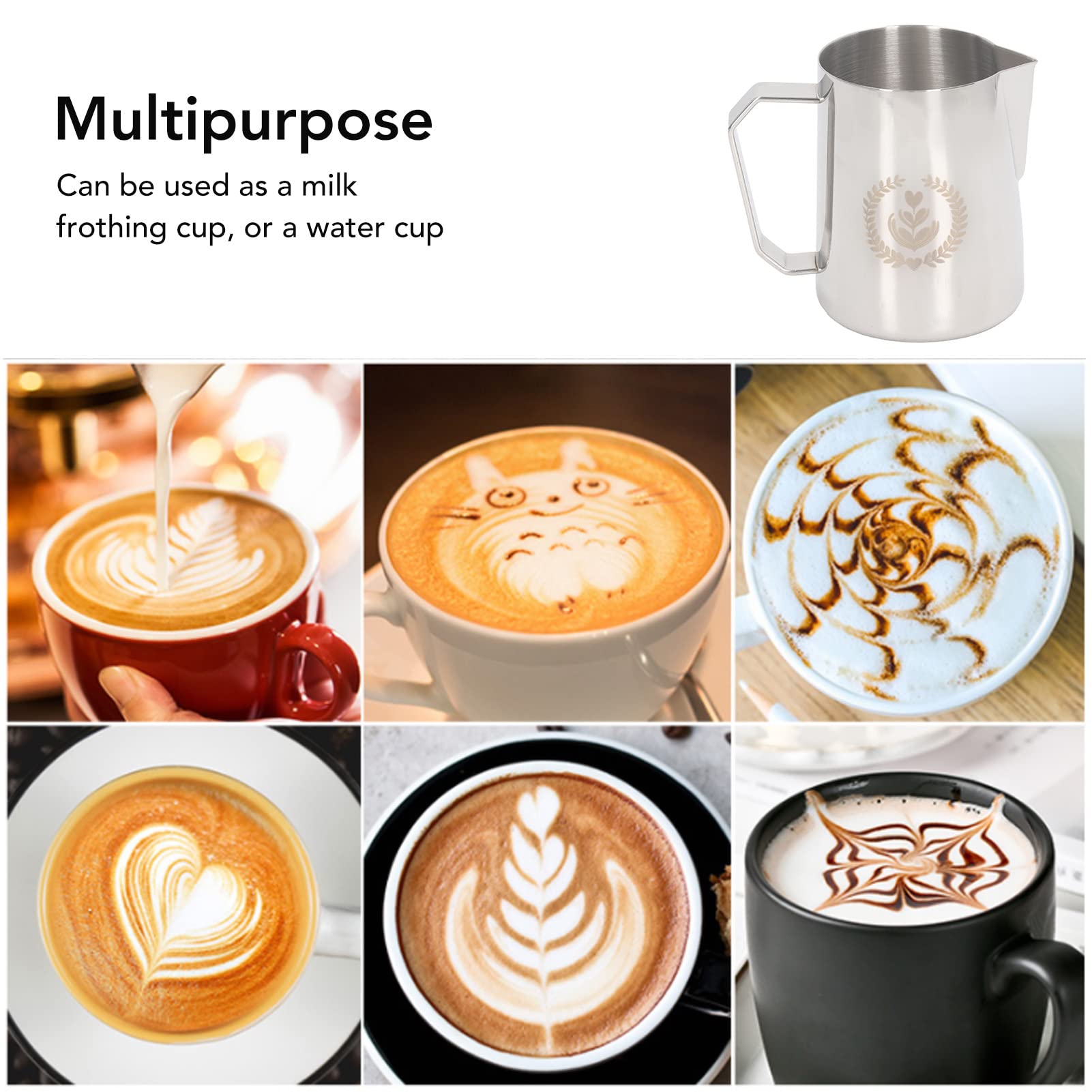 Zerodis Jarra para Espumar Leche, Taza de Espuma de Leche de Acero Inoxidable de 600 Ml con Boquilla de águila, Ergonómico, Antiderrames, Taza de Barista para café en Casa, Capuchino (Color Original)