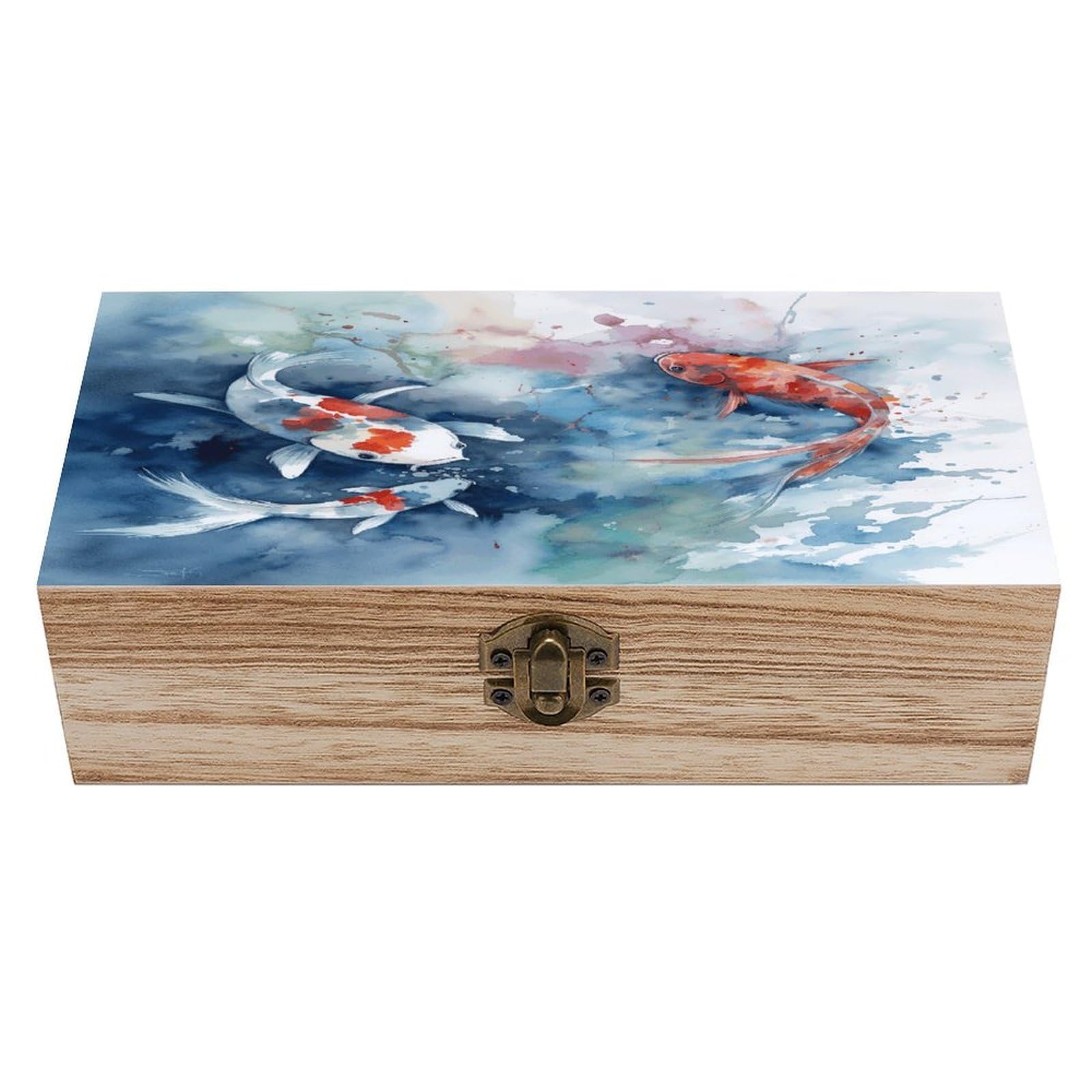 Boîte en bois rétro avec couvercle poisson carpe pour rangement