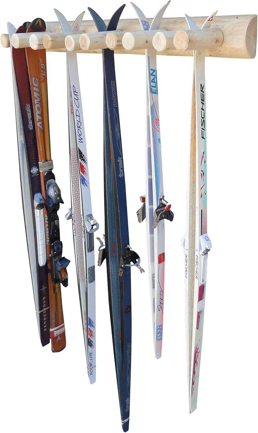 10-Place Wall-Mounted Ski Log Racks - Pole Organizer & Skis Wall Mount Garage Racks, Indoor & Outdoor Vertical Ski Holders for Walls, Hangers for Skis Indoor Storage - Unfinished