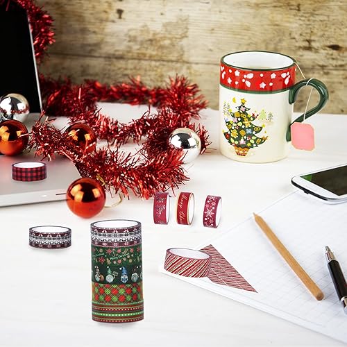 Miniatura 4 de TREWAVE 12 rollos de cinta decorativa de papel de enmascaramiento navideño para envolver regalos diario de recortes arte y manualidades con gnomo