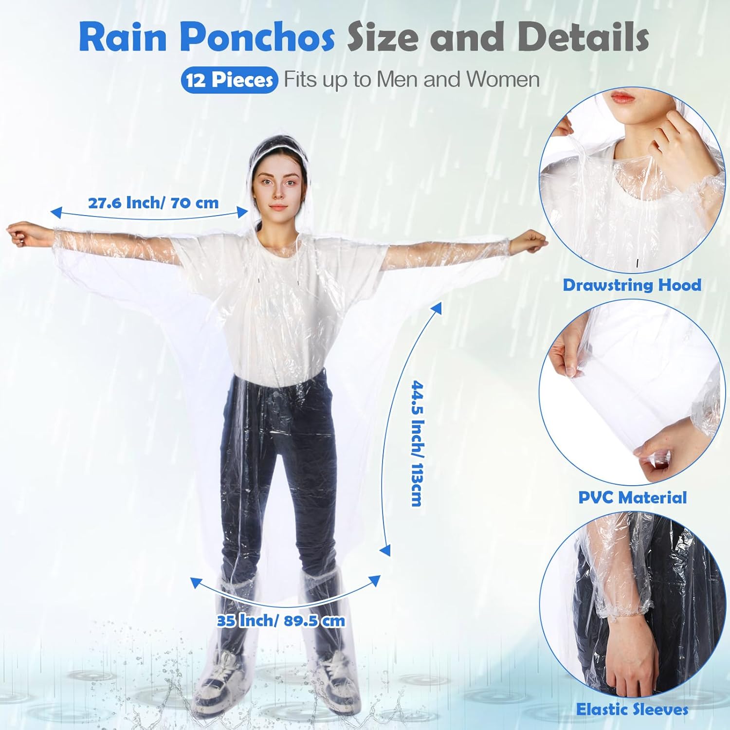 24 Pack Disposable Rain Ponchos for Adults Set 12 Pcs Clear Emergency Ponchos with Hoods Drawstring Elastic Sleeves and 12 Pairs Waterproof Shoe Boot Covers for Men Women Travel Camping - Image 2