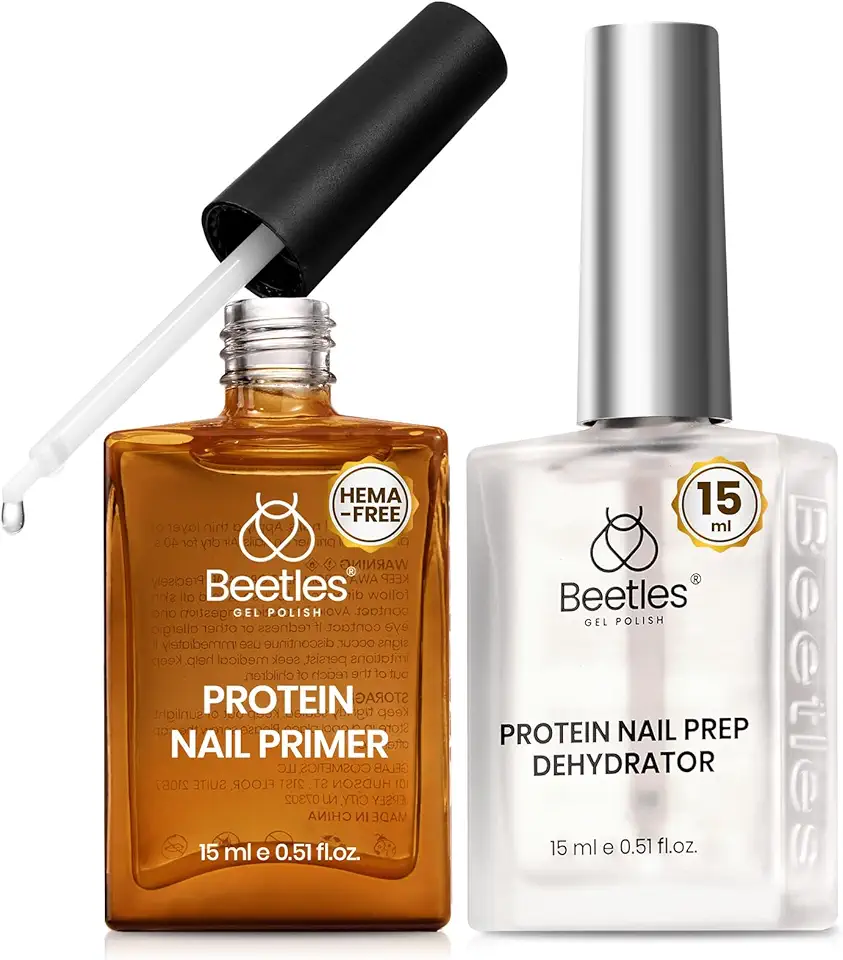 Beetles 15 ml Protein Nail Prep Desidratador e Primer Conjunto de Unhas – 2 peças sem Hema e Sem Ácido, Kit de Preparação de Proteína para Esmalte de Gel para Unhas de Acrílico