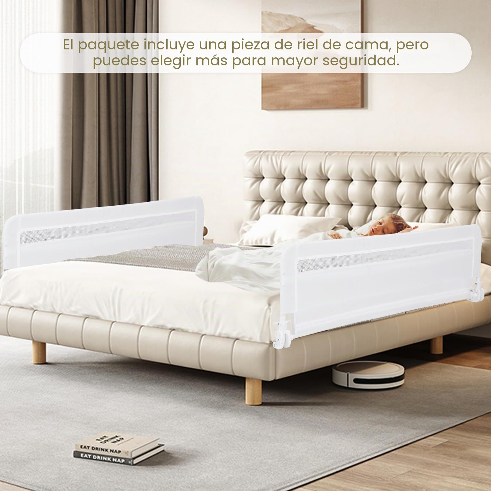 GOPLUS Barrera de Cama para Niños Pequeños 120 CM, Barandilla de Cama para Bebés Abatible con Estructura de Metal, Funda Desmontable y Lavable y Correa de Seguridad, para Cama (Blanco)