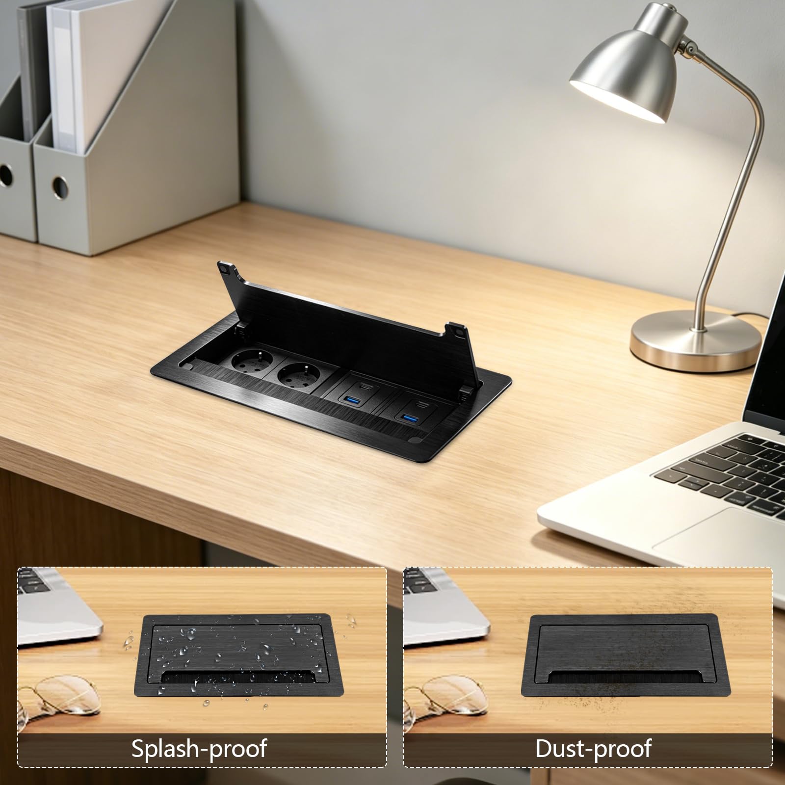 Prise Encastrable en Aluminium avec 2 Prises de Courant, 2 Ports USB-C PD 30W et 2 Ports USB-A, Multiprise Encastrable pour Cuisine, Plan de Travail et Bureau, 1.8M Câble