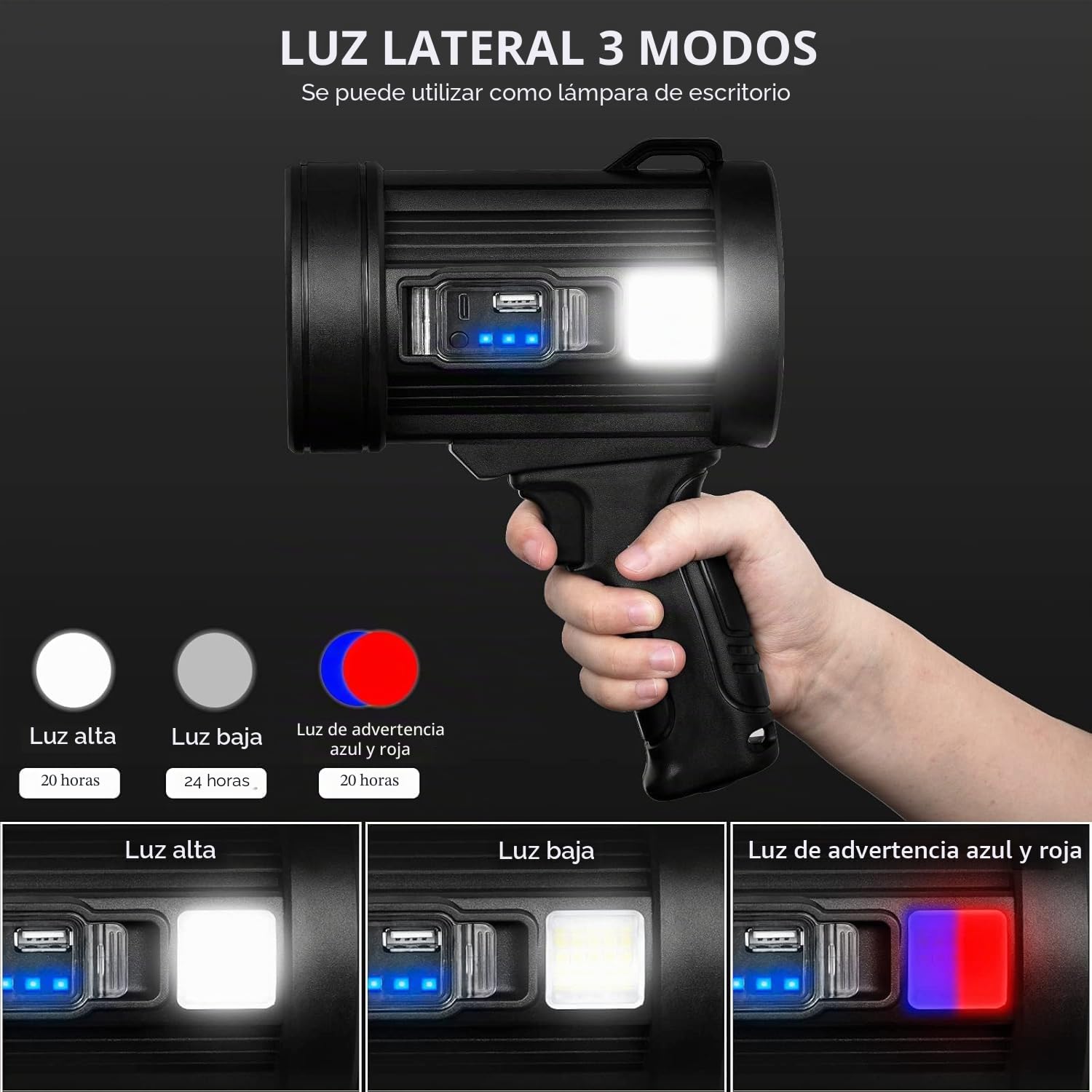 MIXILIN Foco recargable, 2.000.000 lúmenes, linterna de caza de mano, luz LED con luz de mazorca y paneles solares, foco ligero y súper brillante para caza, barco, camping