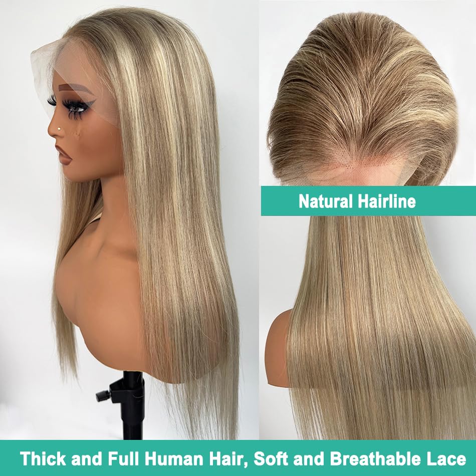 Image of Munx Long 30 Inch 13x6 Highlight Human Hair Wig Thick 180% Density Full Ends Balayage Ombre Brown to Blonde Glueless Lace Frontal Wigs Pre Plucked with Natural Hairline 100% Real Human Hair Wigs