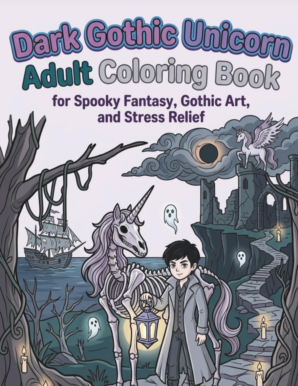 Dark Gothic Unicorn Coloring Book for Adults: Spooky Fantasy Unicorns, Gothic Art, and Stress Relief Coloring Pages: Dark Fantasy Unicorns, Haunted Scenes, and Intricate Designs for Relaxation