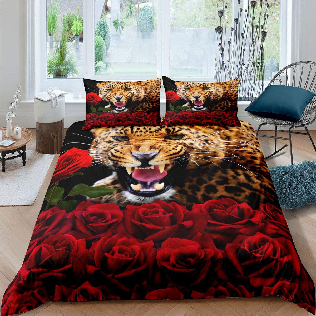 Zestaw pościeli ostrzegawczej w panterkę, romantyczne kwiaty róż, zestaw pościeli 200 x 200 cm, złoty zwierzak, zestaw dla dzieci, chłopców, dziewczynek, nastolatków, 3 szt., zamek
