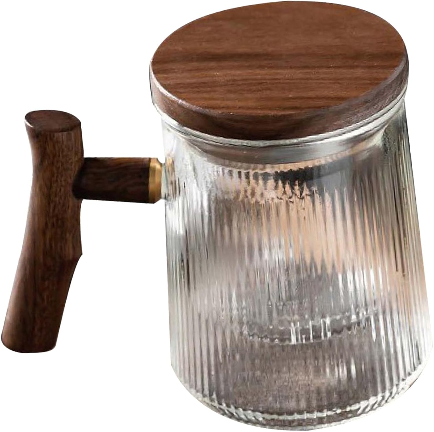Glass Tea Mug with Infuser and Lid 380ml Vertical Striped Glass Cup with Wooden Handle for Chinese Tea Brewing and Office Use