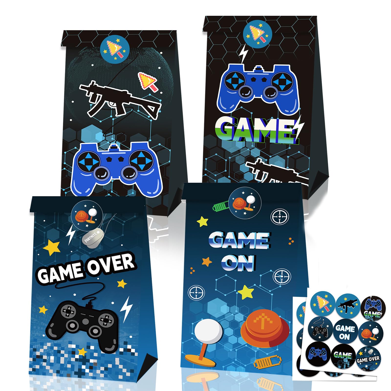 Co Bright 12Pcs Paper Party Bags for Kids Party, 22x12x8cm Blue Video Game Small Gift Bag Candy Goodie Treat Bags with 18 Stickers for Boys Girls Birthday Gaming Theme Parties Bag favours Presents