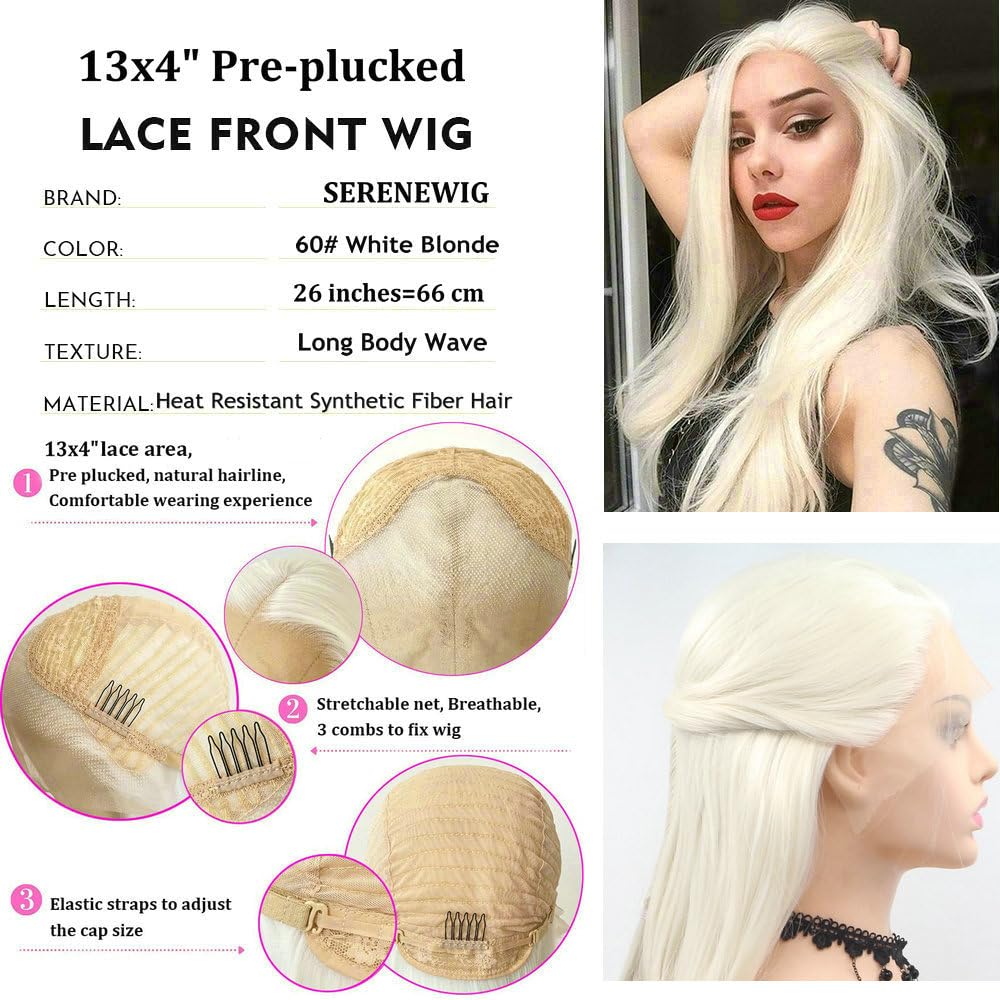 Natural Hairline White Blonde Color Synthetic Lace Front Wigs For Women Cosplay Holidays Festival Drag Queen Wig Body Wave Long Hair 26"