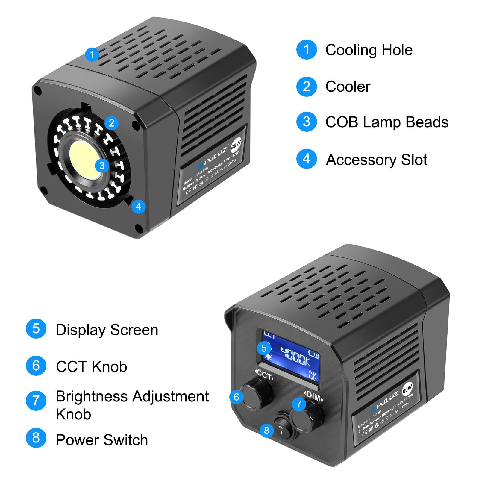 Amazon | PULUZ 60W COB撮影ライト 2500K-6500K 10000mAh長時間稼働