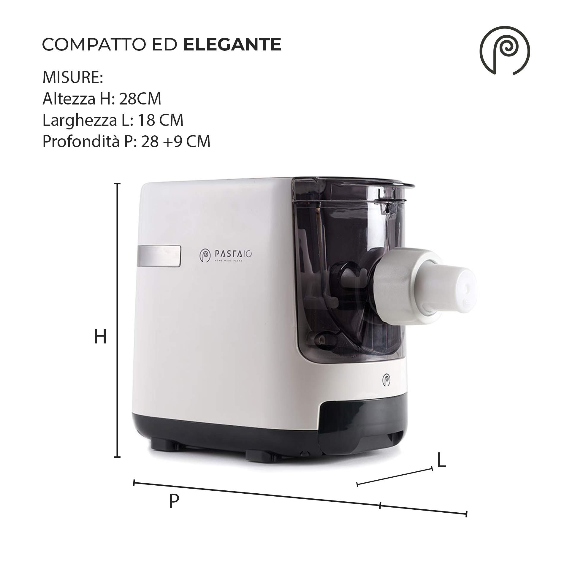 PASTAIO | Macchina per la Pasta Fresca e per gli Impasti. Pasta Maker, fino a 800g di pasta per ciclo, pesatura automatica, 7 trafile incluse per 10 tipi di pasta, 180W