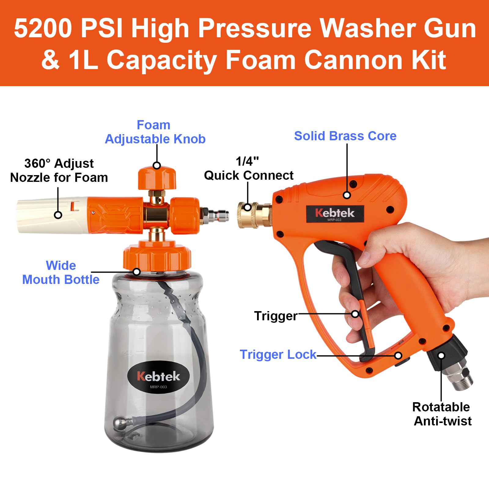 Kebtek Pistola Hidrolimpiadora de Alta presión 5200 PSI con Cañón de Espuma 1L, 6 en 1 Boquillas de Pulverización et Adaptador Compatible con Karcher K2-K7 (MRP-003-A)